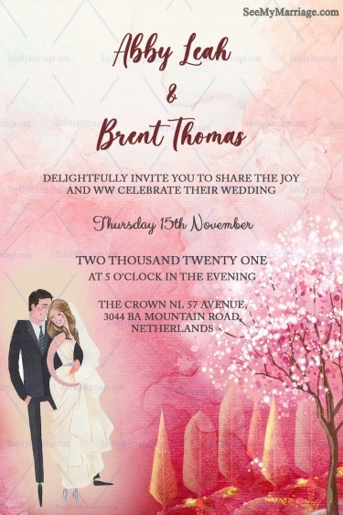 Christian Wedding Invitation Card Pink Watercolour Theme