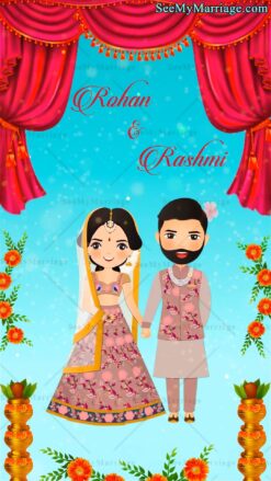 Cute Couple Cartoon Wedding Invitation Blue Sky Red Curtain