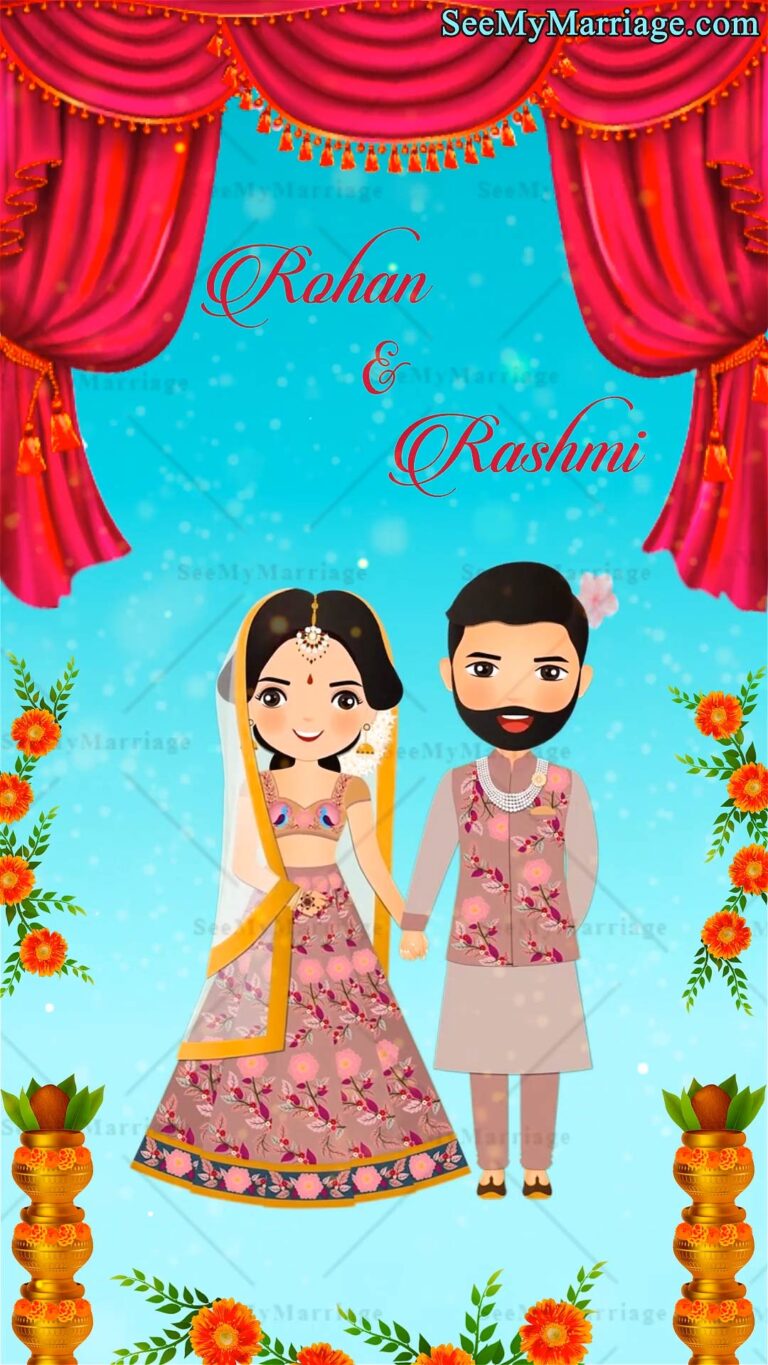 Cute Couple Cartoon Wedding Invitation Blue Sky Red Curtain