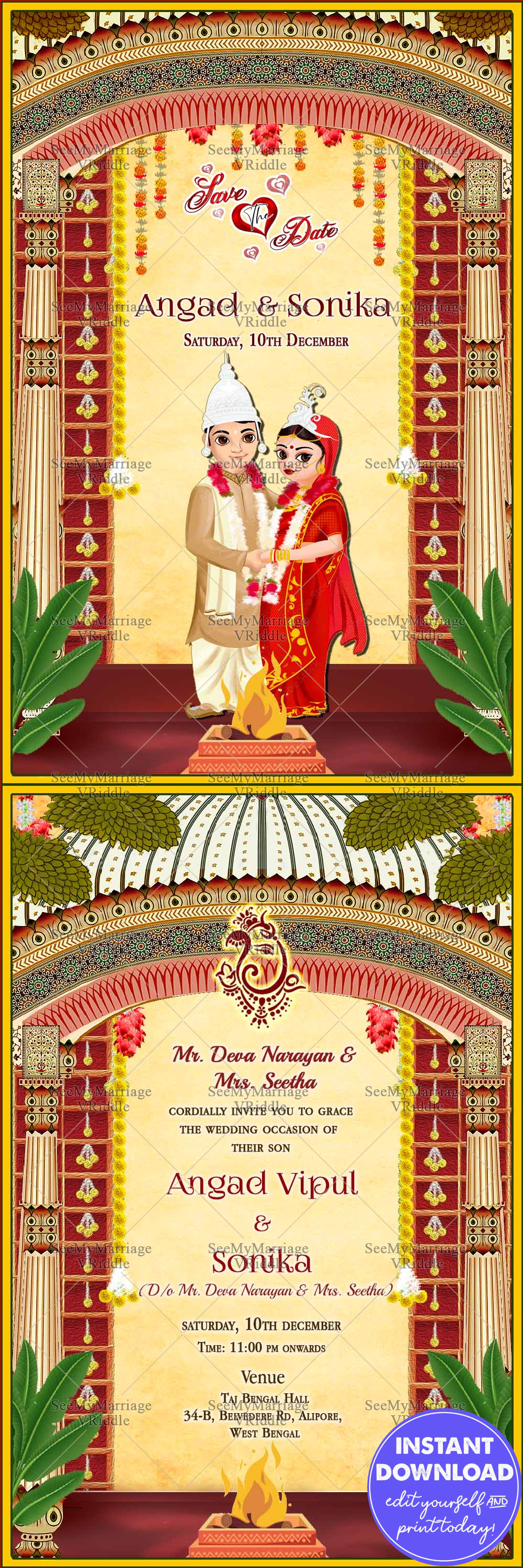 Grand Bengali Wedding Invitation Card Traditional Cartoon Couple