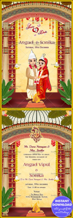 Grand Bengali Wedding Invitation Card Traditional Cartoon Couple