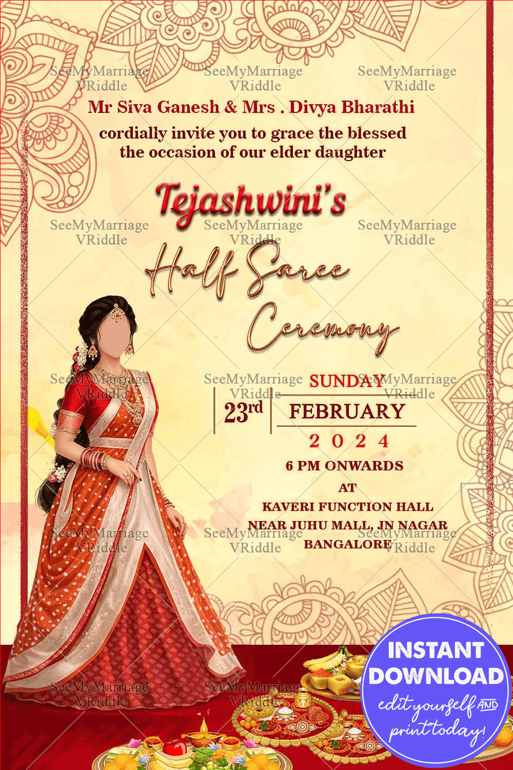 Grand Cream Theme Half Saree Invitation Card Illustrated Red Design