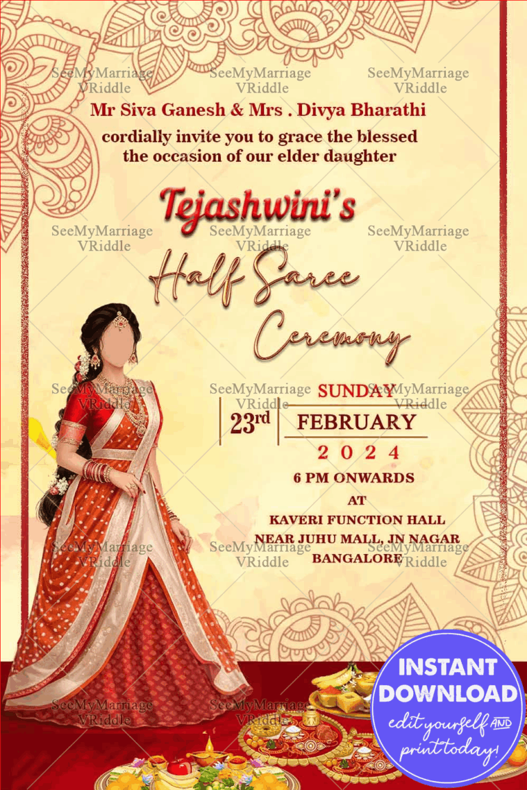 Grand Cream Theme Half Saree Invitation Card Illustrated Red Design