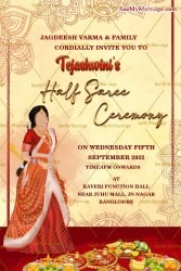 Grand Cream Theme Half Saree Invitation Card Illustrated Red Design