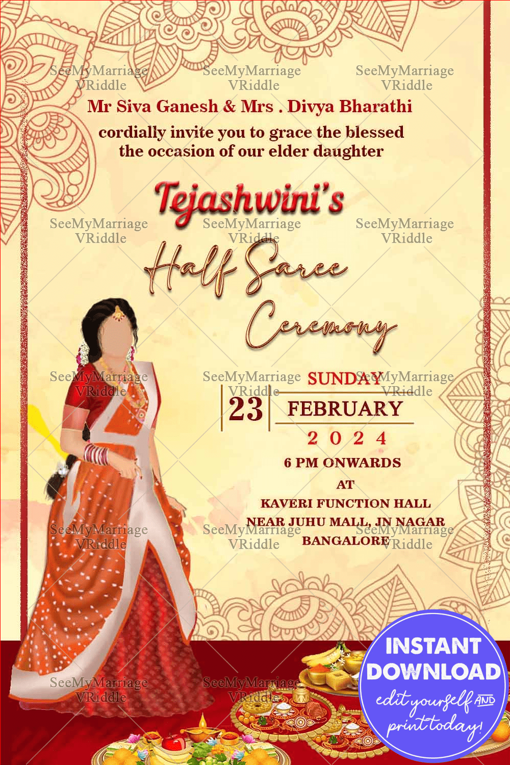 Grand Cream Theme Half Saree Invitation Card Illustrated Red Design
