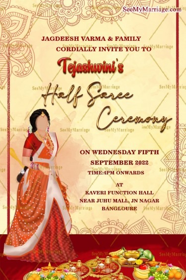 Grand Cream Theme Half Saree Invitation Card Illustrated Red Design
