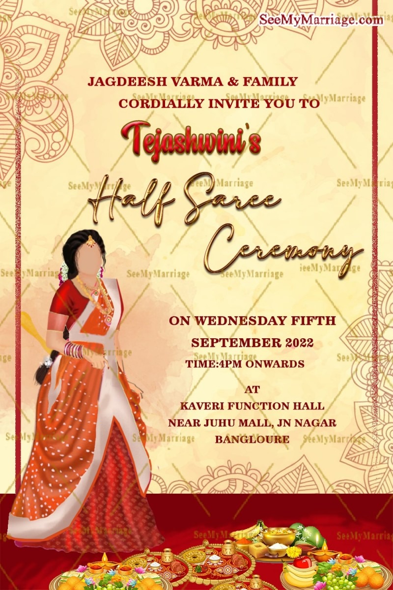 Grand Cream Theme Half Saree Invitation Card Illustrated Red Design ...