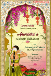 Grand Mehandi Ceremony Invitation Card Umbrella Rajputana Archway