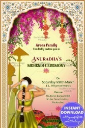 Grand Mehandi Ceremony Invitation Card Umbrella Rajputana Archway