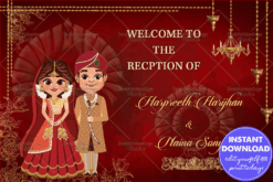 Grand Red Wedding Banner Indian Couple Cartoon Golden Accents