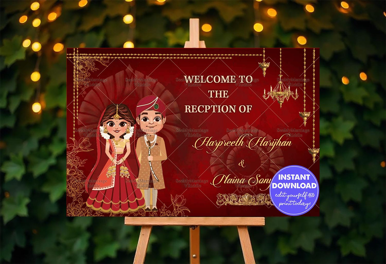 Grand Red Wedding Banner Indian Couple Cartoon Golden Accents Mockup