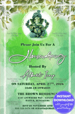 Green Ganesha Housewarming Invitation Card Floral Accents