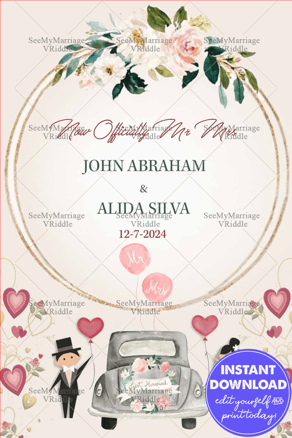 Just Married Wedding Announcement Floral Cute Cartoon