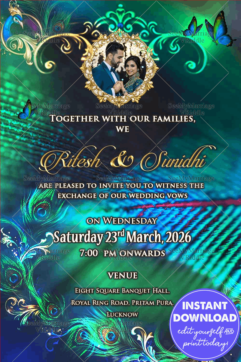 Peacock Feather Royal Wedding Invitation Card