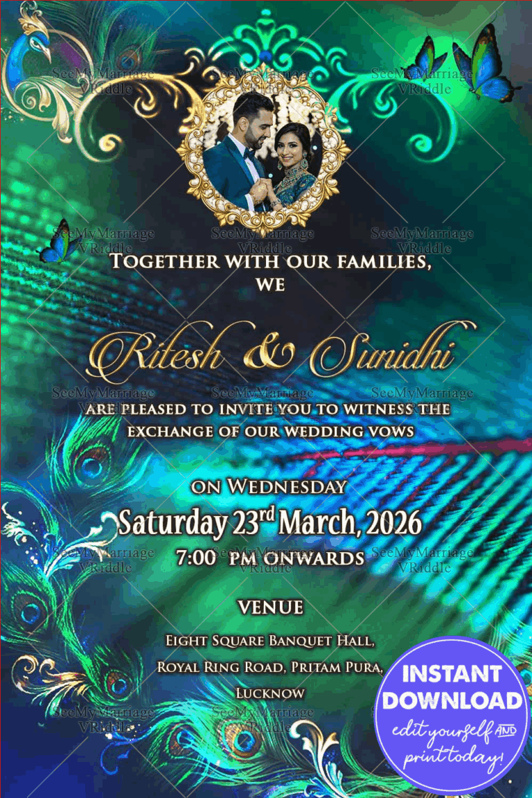 Peacock Feather Royal Wedding Invitation Card