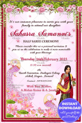 Pink 2 Floral Half Saree Ceremony Invitation Card Peacock 227371