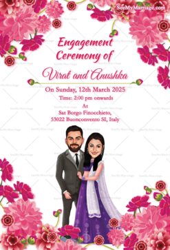 Pink Caricature Style Engagement Invitation Card Roses Floral