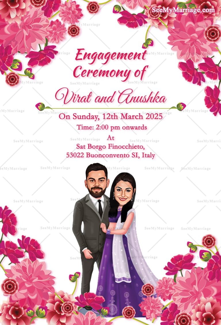 Pink Caricature Style Engagement Invitation Card Roses Floral