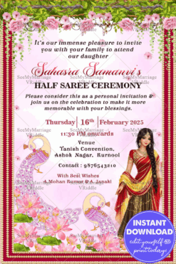Pink Floral Half Saree Ceremony Invitation Card Peacock Decor