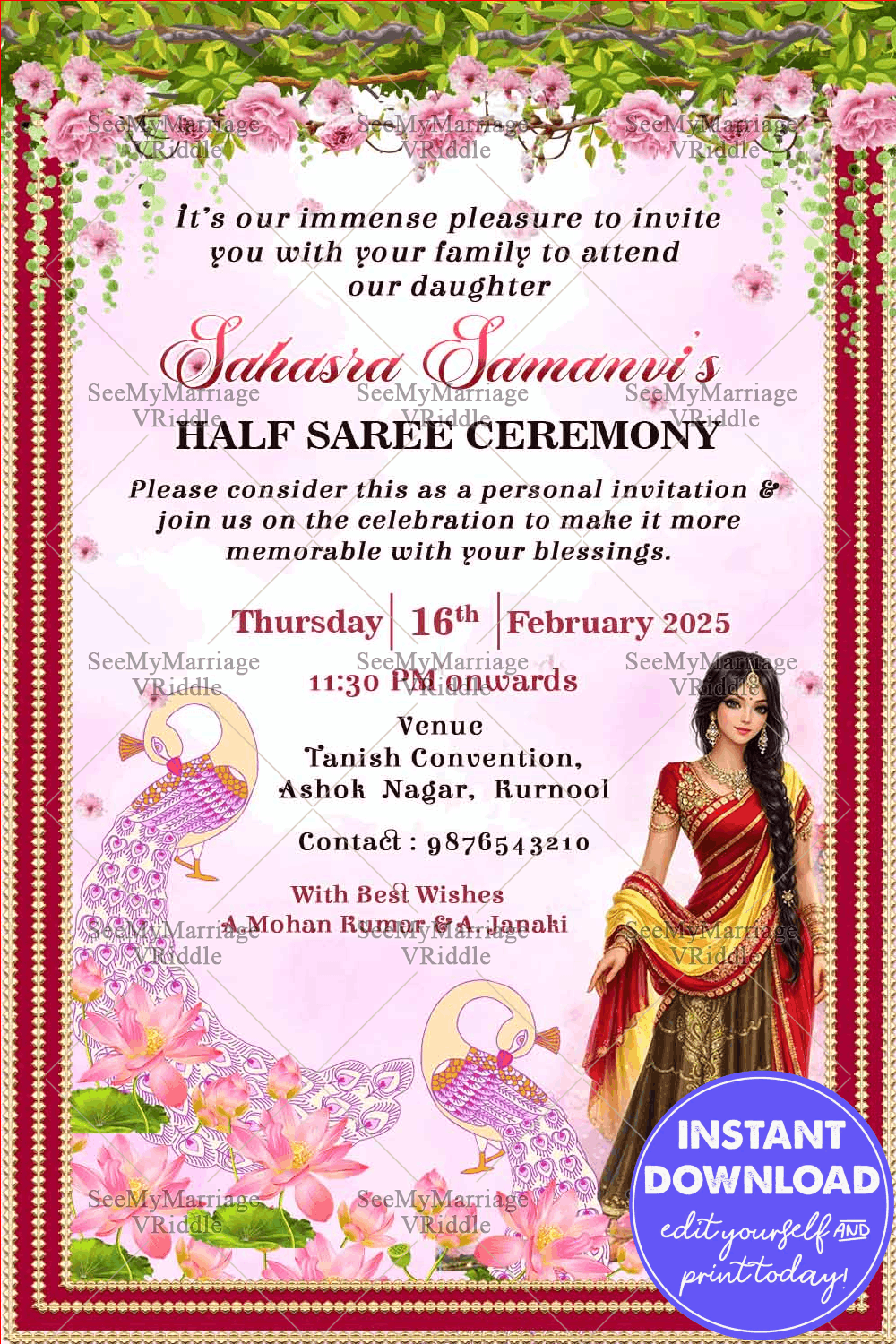 Pink Floral Half Saree Ceremony Invitation Card Peacock Decor