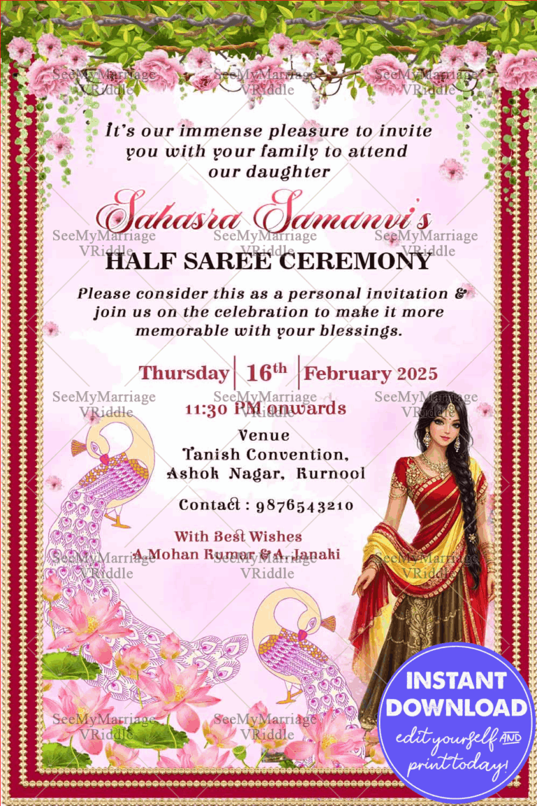 Pink Floral Half Saree Ceremony Invitation Card Peacock Decor