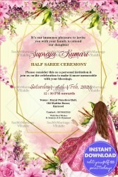 Pink Flowers Half Saree Ceremony Invitation Card Golden geometric Frame