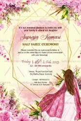 Pink Flowers Half Saree Ceremony Invitation Card Golden geometric Frame