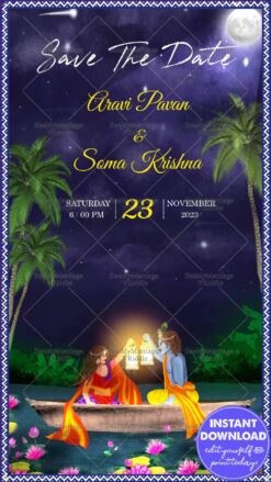 Radha Krishna Save The Date Wedding Invitation Card Moonlit Boat Ride