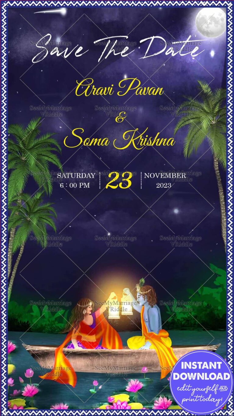 Radha Krishna Save The Date Wedding Invitation Card Moonlit Boat Ride