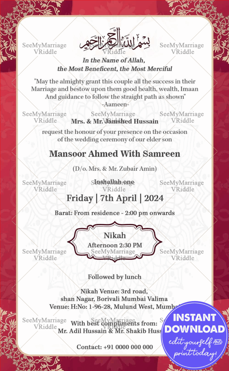 Red White Nikah Wedding Invitation Card Vintage