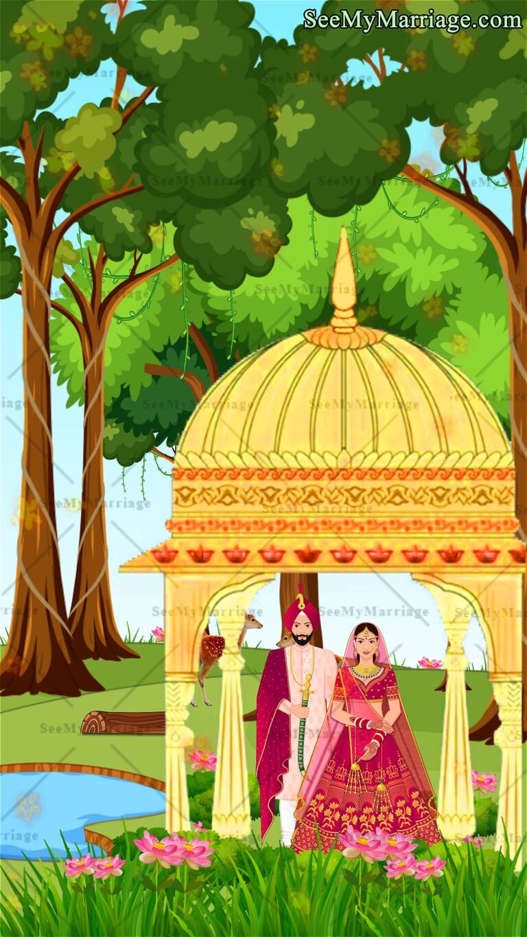 Regal Cartoon Couple Wedding Invitation Blue Royal Garden