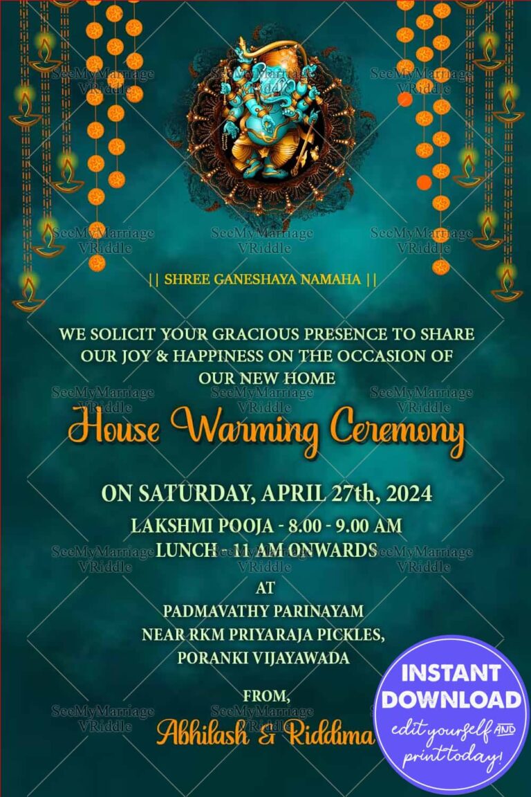 Sea Green Theme Housewarming Invitation Card Ganeshaya Namaha