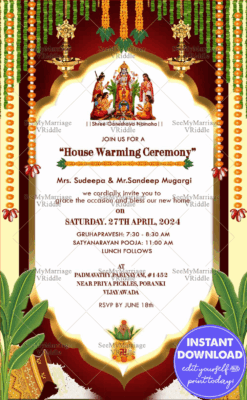 Traditional Satyanarayana Pooja Housewarming Invitation Card Golden Kalash