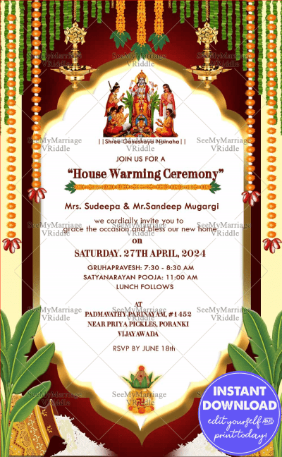 Traditional Satyanarayana Pooja Housewarming Invitation Card Golden ...