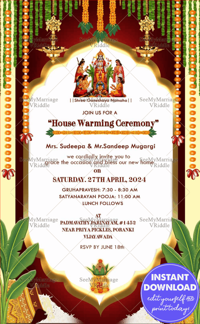 Traditional Satyanarayana Pooja Housewarming Invitation Card Golden Kalash
