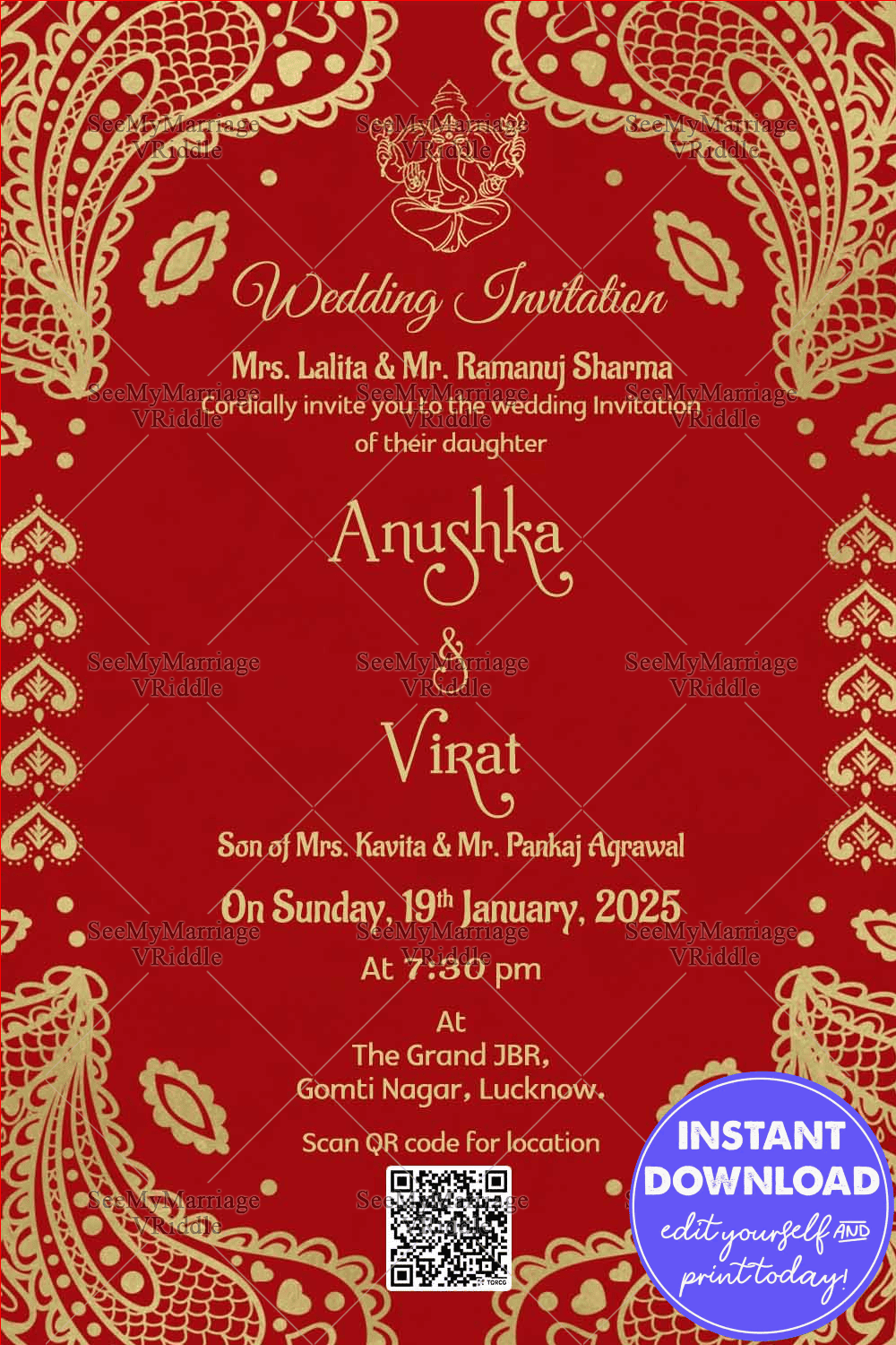 Traditional Red Wedding Invitation Card Vintage Gold Design
