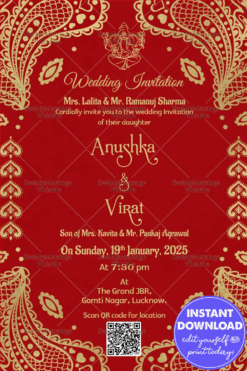 Traditional Red Wedding Invitation Card Vintage Gold Design