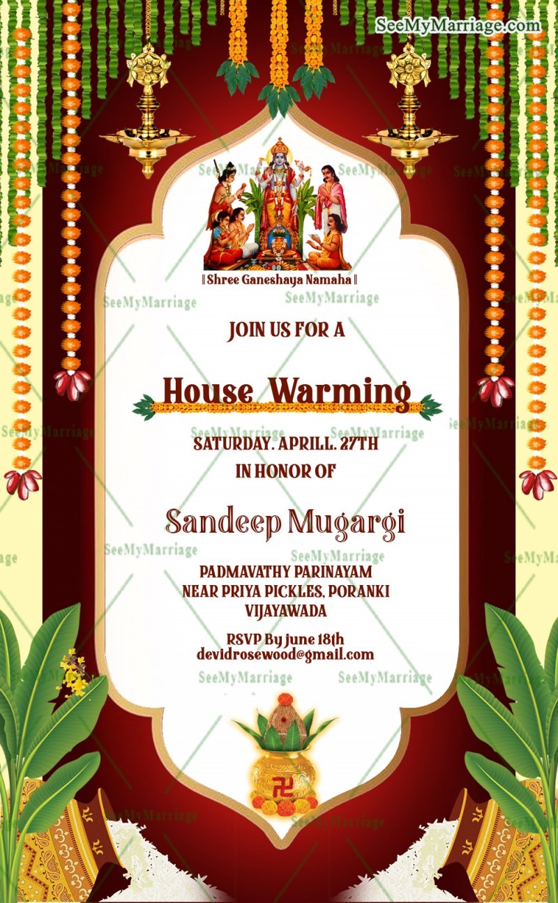 Traditional Satyanarayana Pooja Housewarming Invitation Card Golden ...