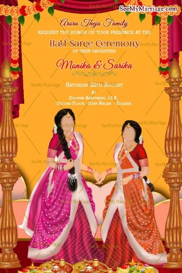 Two Sisters Half Saree Ceremony Invitation Card Golden Traditions