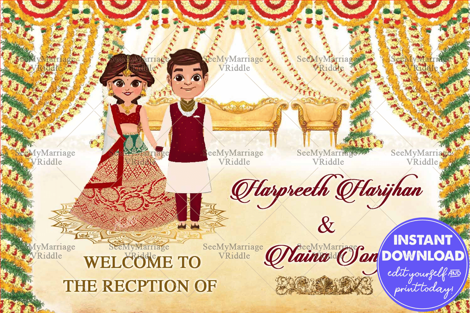 Wedding Banner Indian Couple Cartoon Grand Floral decor