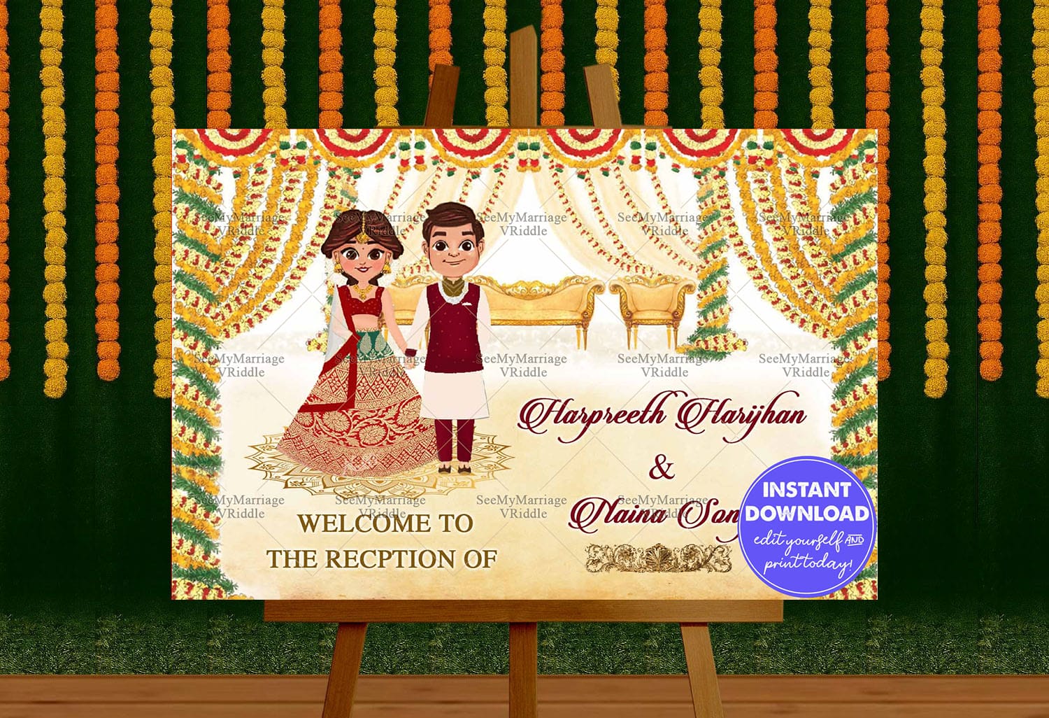 Wedding Banner Indian Couple Cartoon Grand Floral decor Mockup