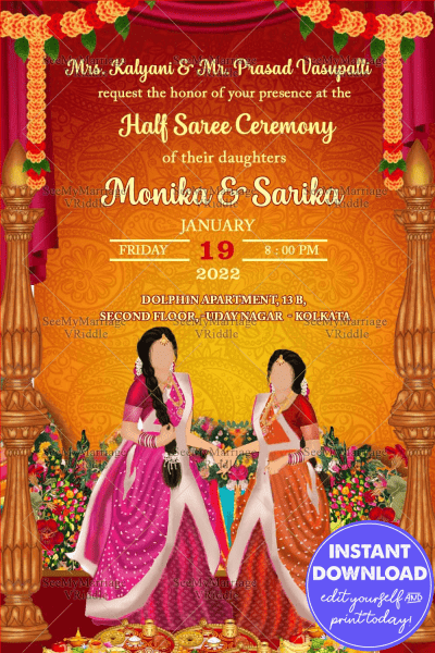 Two Sisters Half Saree Ceremony Invitation Card Golden Traditions 