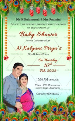 Caricature Style Baby Shower Invitation Peacock Feather Traditional Green