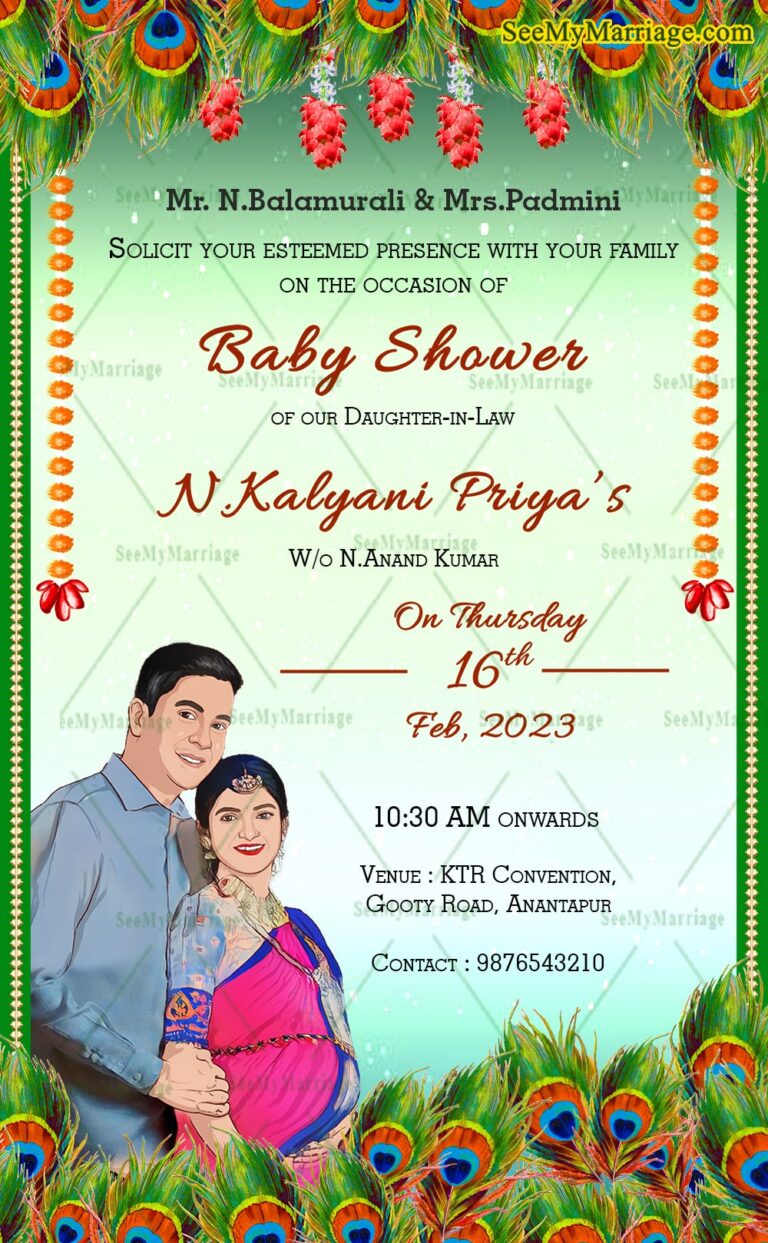 Caricature Style Baby Shower Invitation Peacock Feather Traditional Green