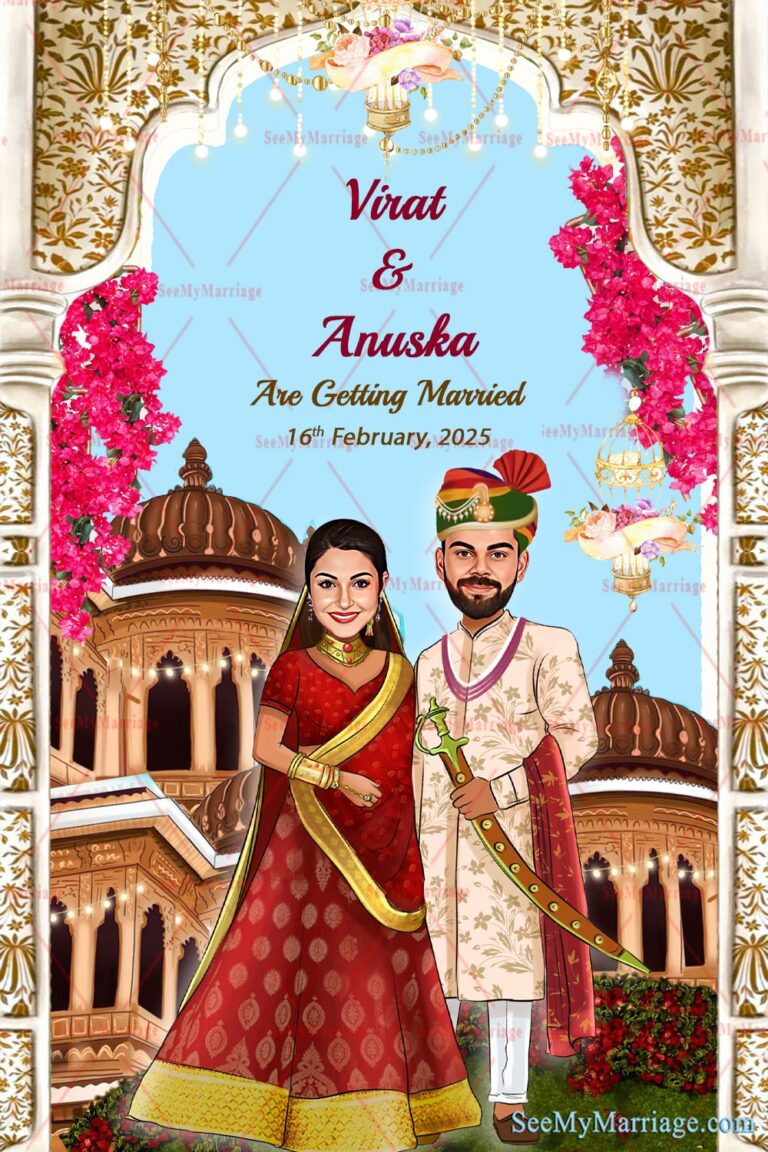 Caricature Style Wedding Invitation Card Lake Palace Theme