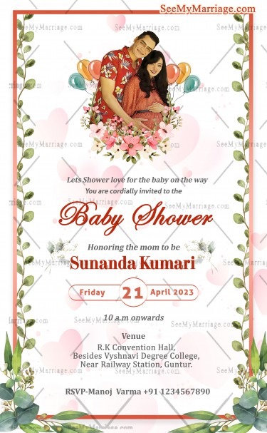 Couple Caricature Baby Shower Invitation Card Floral Framed