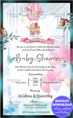 Cute Baby Shower Invitation Card Squirrels Bears Hot Air Balloon