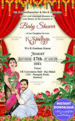 Cute Caricature Baby Shower Invitation Blooming Red Flowers