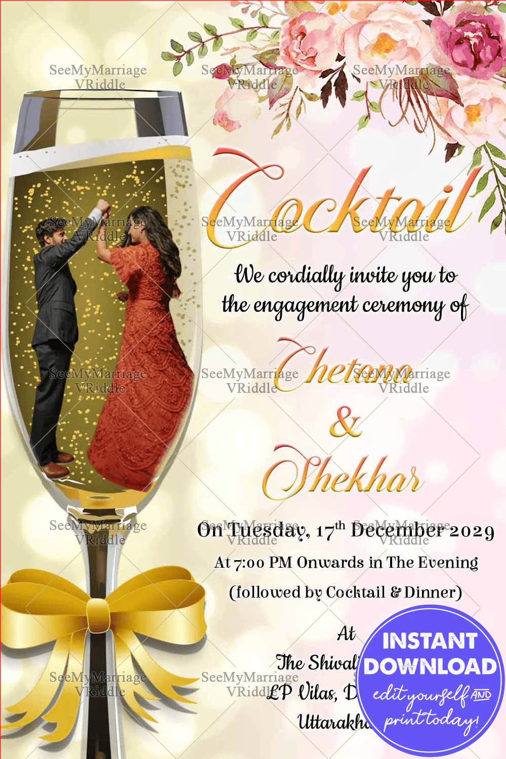 Engagement Cocktail Party Invitation Card Add Photo Champagne Flute