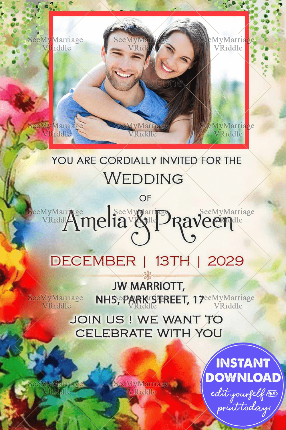 Floral Wedding Invitation Card Add Photo Old World Charm